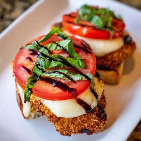 A hearty Crispy Chicken Caprese Sandwich features juicy chicken, ripe tomato slices, and balsamic glaze on a crunchy ciabatta roll.