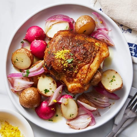 A bright, zesty lemon finish elevates the savory juices over tender vegetables and juicy chicken.