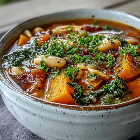 Hearty Winter Minestrone Soup steaming in a white ceramic bowl, with a spoon ready and fresh parsley garnish for a cozy family dinner.