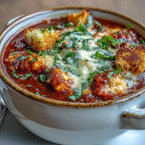 Steaming bowl of Grilled Chicken Parmesan Soup topped with melted cheese, fresh basil, and garlic croutons.
