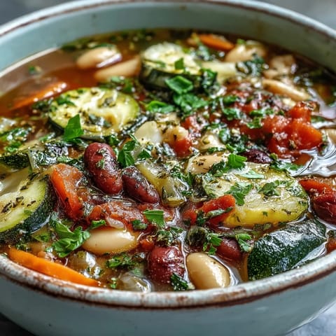 A cozy bowl of Minestrone Soup served hot with crusty bread for dipping into the broth.