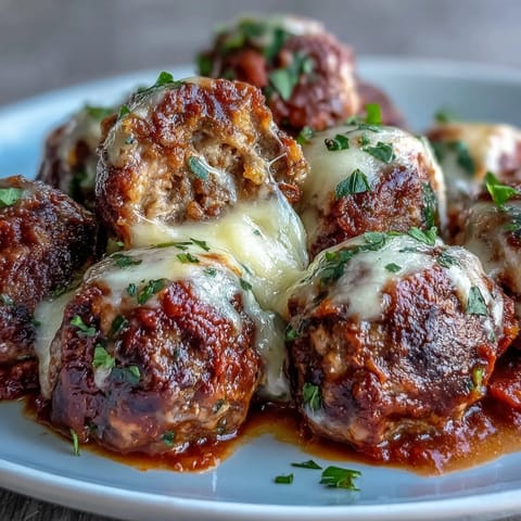 A skillet of Cheesy, Garlicky Meatballs With Marinara served over spaghetti, drizzled with extra Parmesan and herbs.