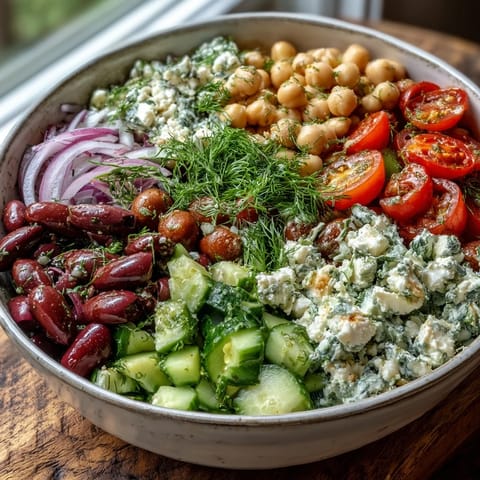 Greek Bean Salad with Lemon Marinated Beans displayed alongside pita bread, making a Mediterranean lunch perfect for summer picnics.