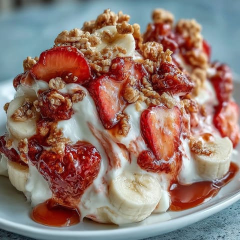 Homemade Strawberry & Banana Yoghurt Clusters featuring marbled Greek yogurt with freeze-dried fruit, served on a marble countertop.