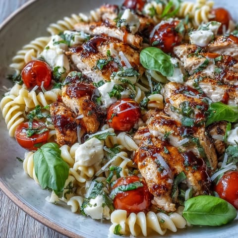 A skillet of Bruschetta Chicken Pasta features juicy tomatoes and melty mozzarella tossed with al dente pasta.