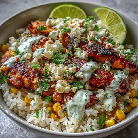 Sizzling citrus-marinated chicken thighs sliced over fluffy rice and smoky charred corn for Street Corn Chicken and Rice Bowls, drizzled with zesty crema and crumbled cotija.