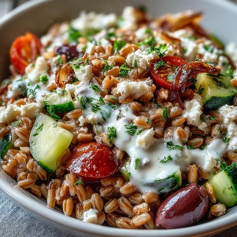 Colorful Mediterranean Farro Bowl with chickpeas, cherry tomatoes, and cucumber, drizzled with tahini dressing. 