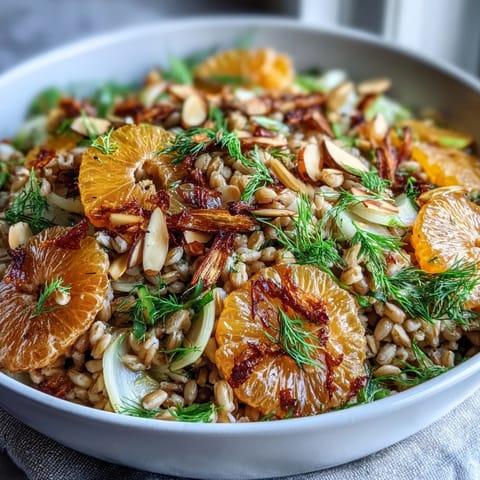 Farro Salad Bowl with Fennel, Oranges & Almonds tossed with vinaigrette, topped with toasted almonds.