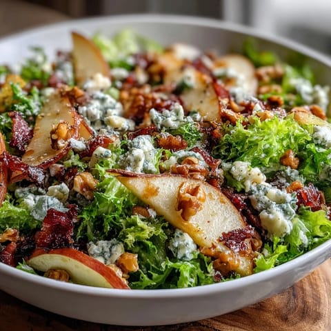 Crispy prosciutto and crumbled blue cheese top a vibrant bowl of frisée and sliced pears tossed in zesty vinaigrette.