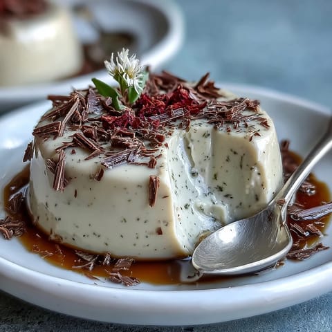 Silky Hojicha Panna Cotta in a glass with a delicate roasted aroma and edible flower garnish.