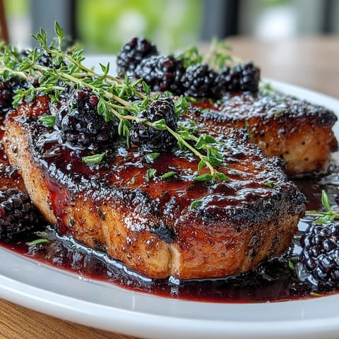 Tender Bourbon Blackberry Pork Chops plated over creamy mashed potatoes with a drizzle of rich glaze.