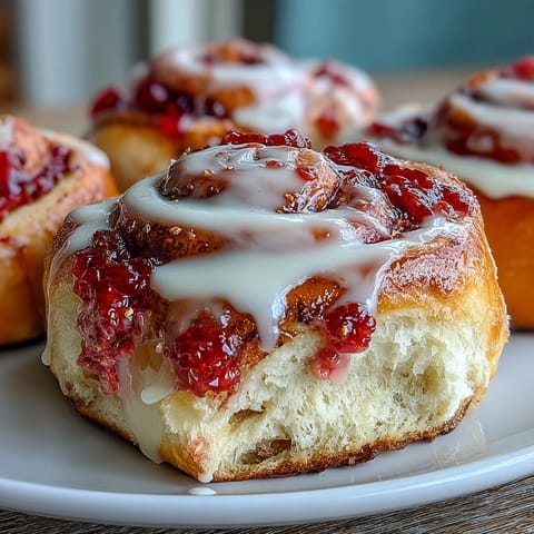 Homemade Strawberry Cinnamon Rolls cooling on a rack, showing fluffy golden brioche spirals stuffed with vibrant strawberry jam and sweet glaze.