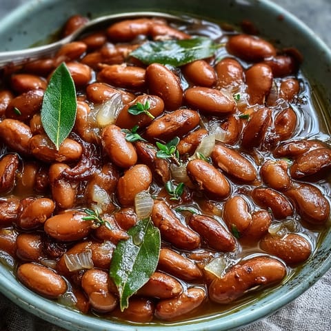 Creamy slow-cooked pinto beans with onions, garlic, and bay leaves served warm as a hearty side dish.
