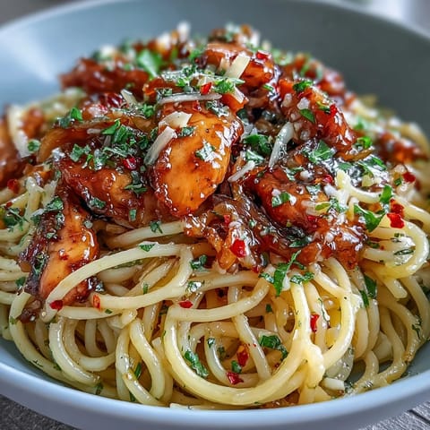 Spaghetti coated in sticky honey garlic sauce topped with chicken and grated Parmesan on a rustic plate.