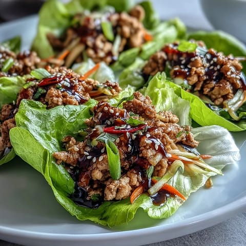 Golden-brown turkey stir-fry with carrots and cabbage, spooned into butter lettuce cups and topped with sesame seeds for Turkey Potsticker Stir-Fry Lettuce Wraps.