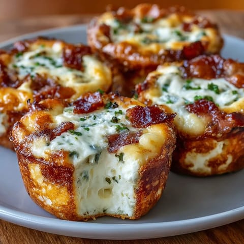 Golden-brown Ranch Bacon Breakfast Egg Bites are lifted from a muffin tin, revealing fluffy eggs with melted cheddar and crispy bacon crumbles.