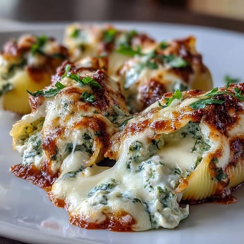 Golden Pesto Lasagna Stuffed Shells topped with fresh basil, served alongside a crisp green salad and a glass of white wine.