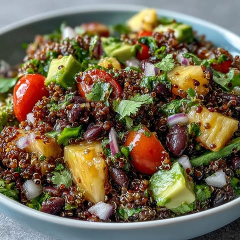 A close-up of the Tropical Quinoa Salad with Pineapple and Black Beans, featuring fluffy quinoa, vibrant red bell pepper, and sweet pineapple chunks.