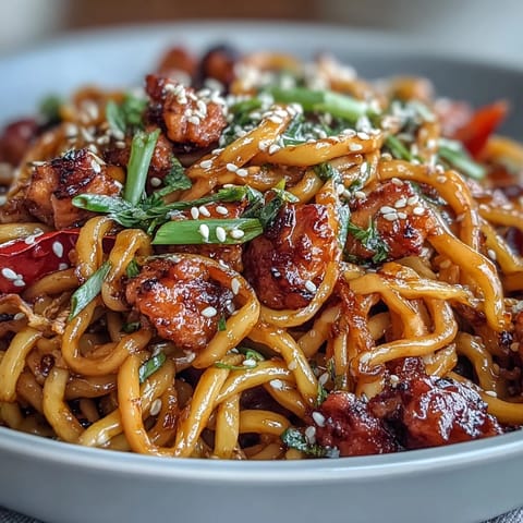 Savory Korean Turkey Fried Noodles with ground turkey, crisp vegetables, and a spicy gochujang sauce, served in a sizzling skillet.