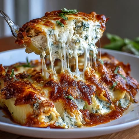 Golden jumbo pasta shells overflowing with cheesy chicken pesto filling, baked to bubbling perfection in savory tomato sauce.  