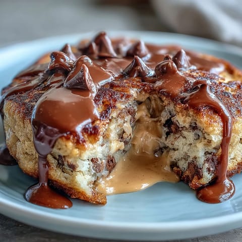 Decadent Peanut Butter Cup Protein Pancake Bowl baked golden and topped with melty chocolate chips and creamy peanut butter drizzle for a protein-packed breakfast treat.