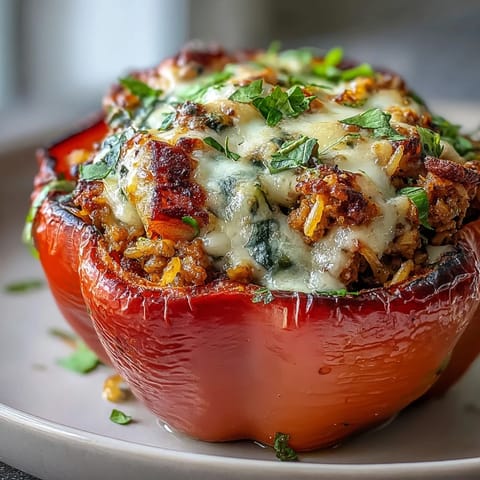 Roasted bell peppers filled with lean ground turkey, brown rice, and fresh vegetables, offering a vibrant and nutritious gluten-free dinner option.  