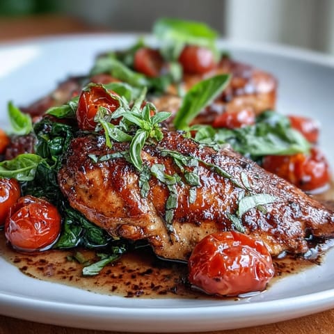 Juicy balsamic-glazed chicken breasts with sautéed cherry tomatoes and fresh spinach in a single pan.  
