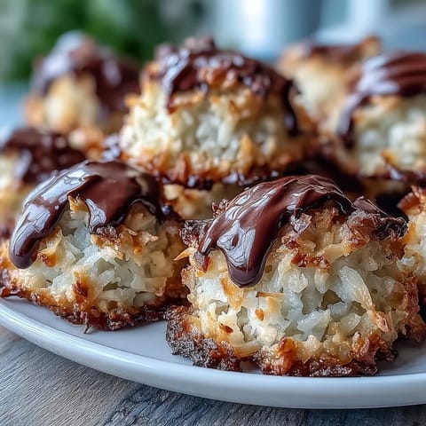 Golden vegan coconut macaroons baked to perfection, drizzled with rich dark chocolate for a decadent, dairy-free dessert.  