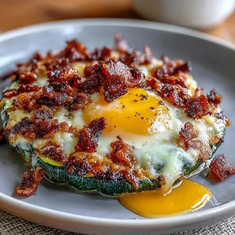 Wholesome zucchini nests filled with smoky bacon and runny eggs, garnished with fresh chives for a satisfying keto-friendly morning meal.  