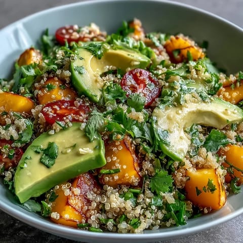 Vibrant tropical mango avocado quinoa salad with zesty lime dressing, showcasing colorful mango, creamy avocado, and fluffy quinoa in a summery bowl.