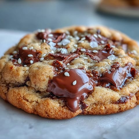 Tahini-chocolate chip cookies with golden edges and gooey dark chocolate chunks, perfect for dessert lovers.