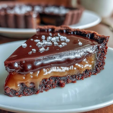 Decadent salted caramel chocolate tart with rich ganache and flaky sea salt, perfect for dessert lovers.