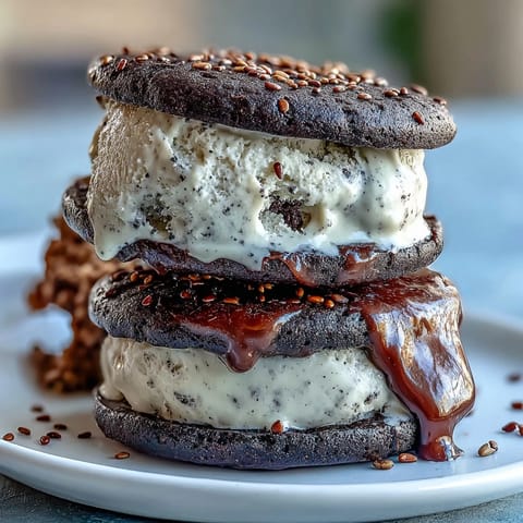 2. Black sesame ice cream nestled between homemade black sesame cookies, creating a striking and indulgent dessert treat.  