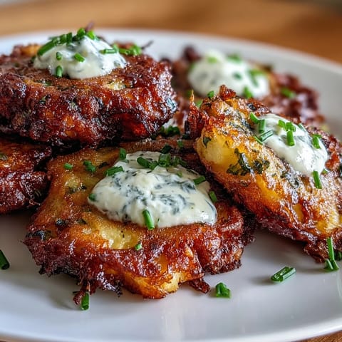 Fragrant herb potato fritters, golden and crunchy on the outside, served warm with a dollop of tangy sour cream.  