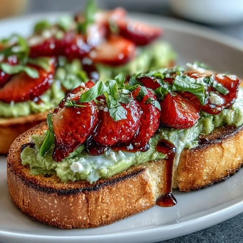 Galentines Brunch Avocado Toast with Strawberry Balsamic, a vibrant vegetarian breakfast dish featuring creamy avocado spread on toasted sourdough and topped with fresh strawberries and tangy balsamic glaze.