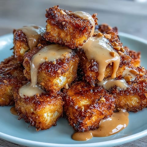 Golden, crunchy tofu bites drizzled with savory peanut sauce, perfect as a vegan appetizer or main dish.  