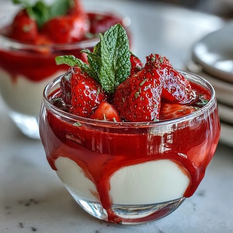 Silky vanilla panna cotta topped with vibrant strawberry sauce for a romantic Valentine's dessert.  