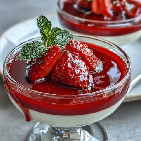 Creamy Italian panna cotta dessert garnished with fresh strawberries and mint leaves.  