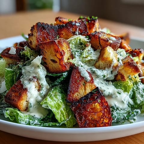 Golden garlic sourdough croutons add irresistible crunch to a vibrant Caesar salad with Parmesan.  