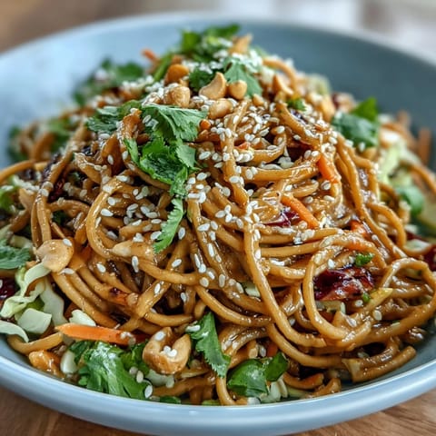 A colorful vegan soba noodle salad with spicy peanut dressing and crunchy cabbage slaw, perfect for a healthy lunch or dinner.