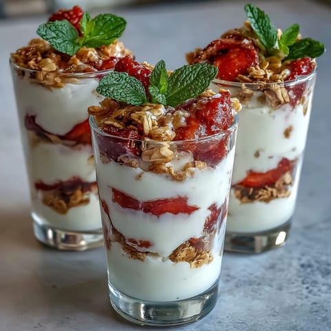 Mini strawberry yogurt parfaits in shot glasses, layered with fresh berries, creamy yogurt, and crunchy granola for a sweet, bite-sized dessert.