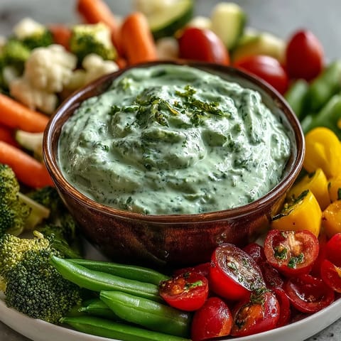 Vibrant veggie platter featuring crisp broccoli, cauliflower, bell peppers, and radishes paired with herb-infused Green Goddess dressing.  