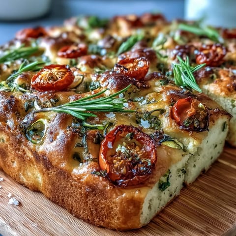 A golden focaccia bread adorned with vibrant, flower-shaped vegetables and fresh herbs, perfect for baby showers or spring celebrations.