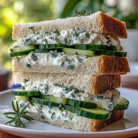 Delicate cucumber tea sandwiches layered with creamy herbed cream cheese and fresh herbs, ideal for light appetizers or party platters.