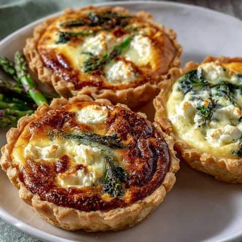 Three elegant mini quiches on a rustic wooden platter, showcasing spinach, mushroom, and ham varieties with golden pastry edges.