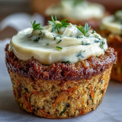 Wholesome carrot and zucchini muffins topped with a delicate swirl of lightly sweetened cream cheese, perfect for on-the-go mornings.  