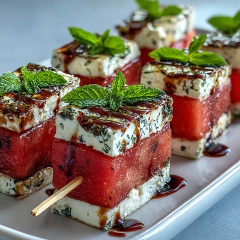 Colorful watermelon feta skewers drizzled with olive oil and balsamic glaze for Mediterranean flair.  