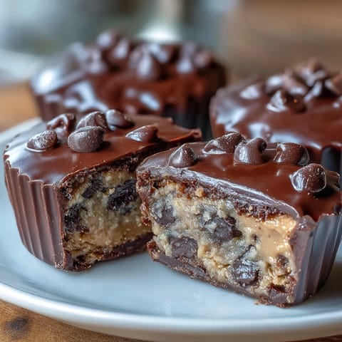 Decadent homemade peanut butter cups stuffed with rich, eggless chocolate chip cookie dough for a sweet, indulgent treat.