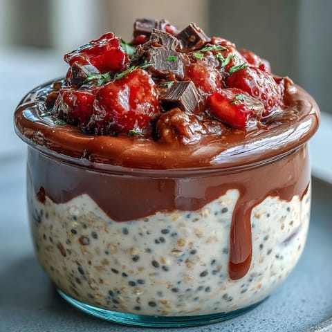 Strawberry chocolate chunk overnight oats dessert jar with creamy oats, fresh strawberries, and rich dark chocolate chunks layered in glass jars.