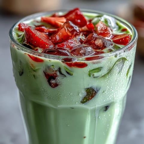 Vibrant iced strawberry matcha latte with vanilla sweet cream, layered in tall glasses for a refreshing summer drink.